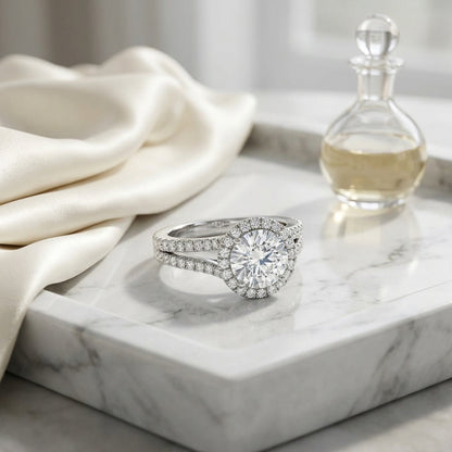 1 3/8ctw Round Diamond Halo Engagement Ring With Pave Split Shank In 14k White Gold, Igi-certified — atelier still life