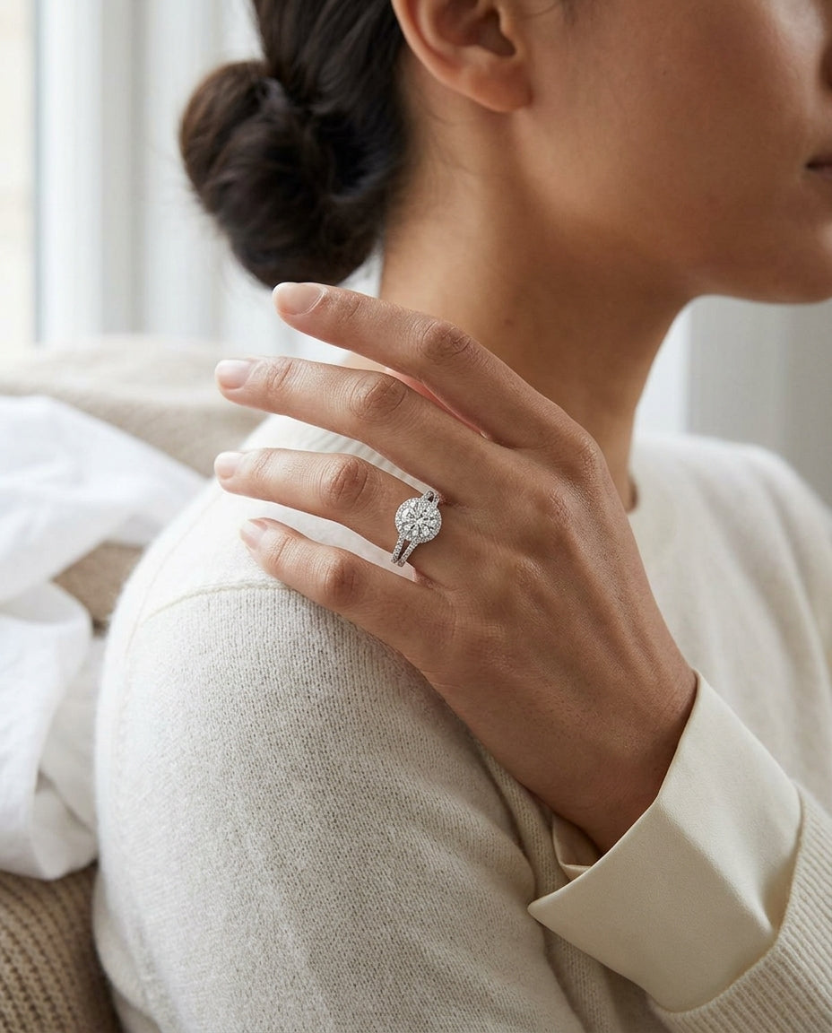 1 3/8ctw Round Diamond Halo Engagement Ring With Pave Split Shank In 14k White Gold, Igi-certified — editorial close-up