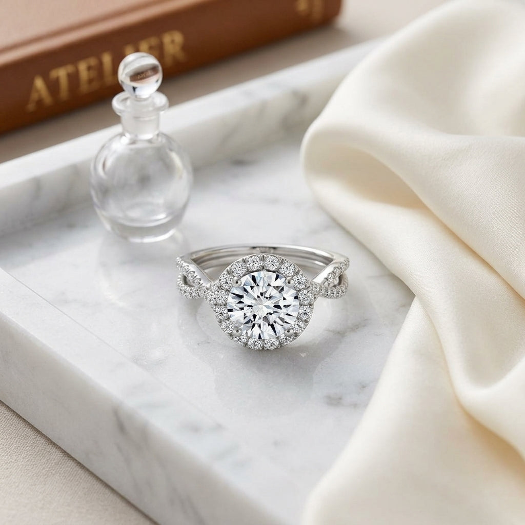 1 1/2ctw Round Diamond Halo Engagement Ring With Infinity Shank In 14k White Gold, Igi-certified — atelier still life