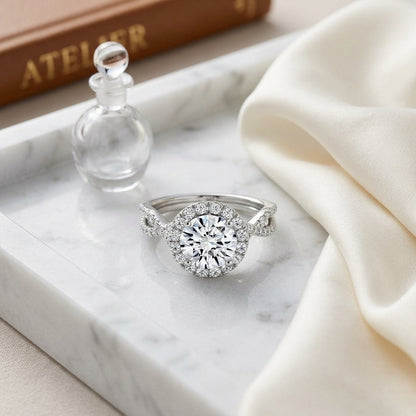 1 1/2ctw Round Diamond Halo Engagement Ring With Infinity Shank In 14k White Gold, Igi-certified — atelier still life