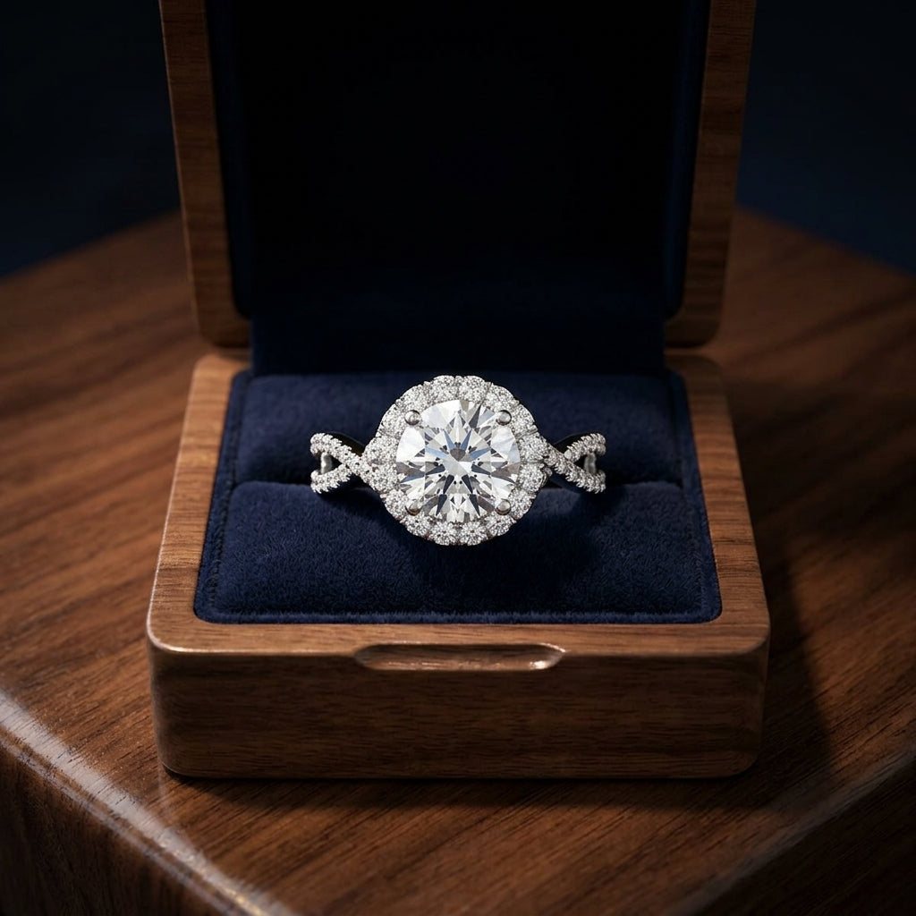 1 1/2ctw Round Diamond Halo Engagement Ring With Infinity Shank In 14k White Gold, Igi-certified — gift presentation