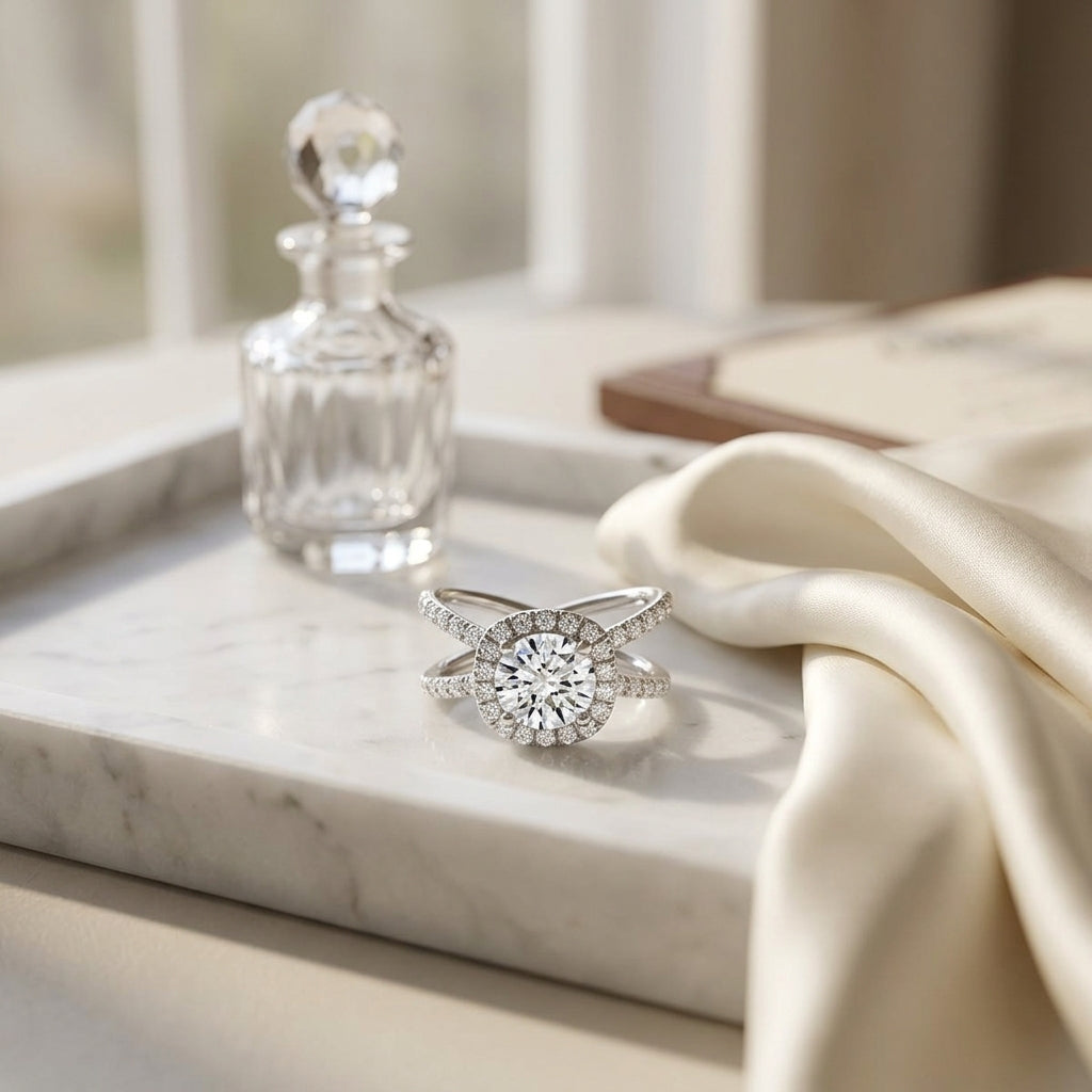 1 1/2ctw Round Diamond Halo Engagement Ring With Crossover Pave Shank In 14k White Gold, Igi-certified — atelier still life