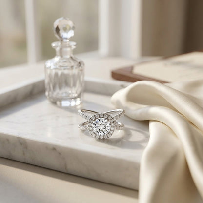 1 1/2ctw Round Diamond Halo Engagement Ring With Crossover Pave Shank In 14k White Gold, Igi-certified — atelier still life