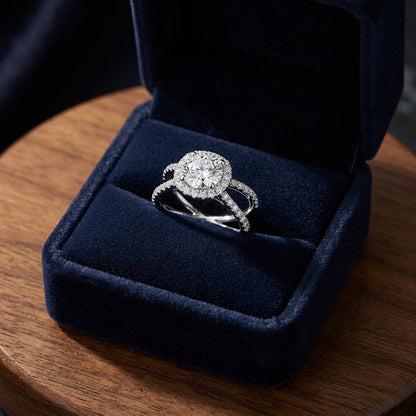 1 1/2ctw Round Diamond Halo Engagement Ring With Crossover Pave Shank In 14k White Gold, Igi-certified — gift presentation