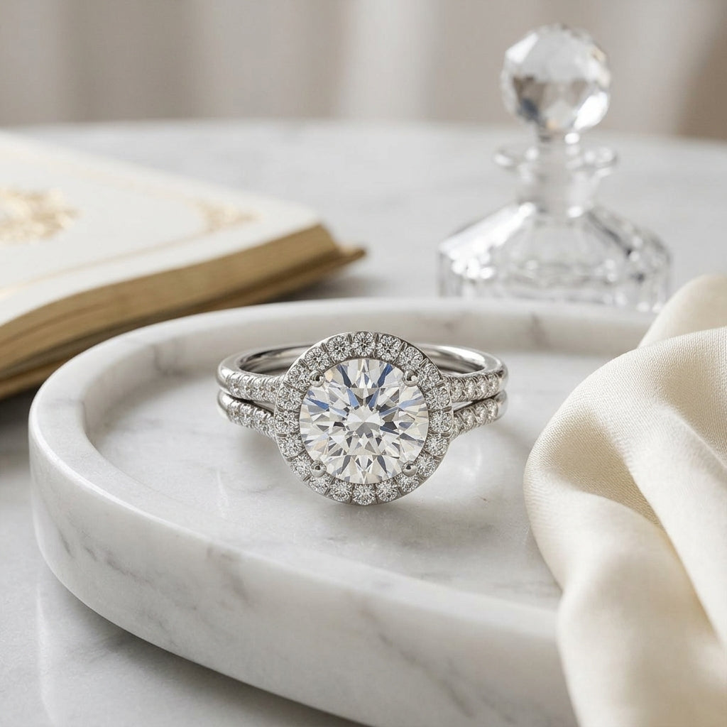 1 3/8ctw Round Diamond Halo Split Shank Engagement Ring In 14k White Gold, Igi-certified — atelier still life