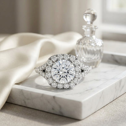 1 1/2ctw Round Diamond Square Halo Engagement With Pave Split Shank In 14k White Gold, Igi-certified — atelier still life