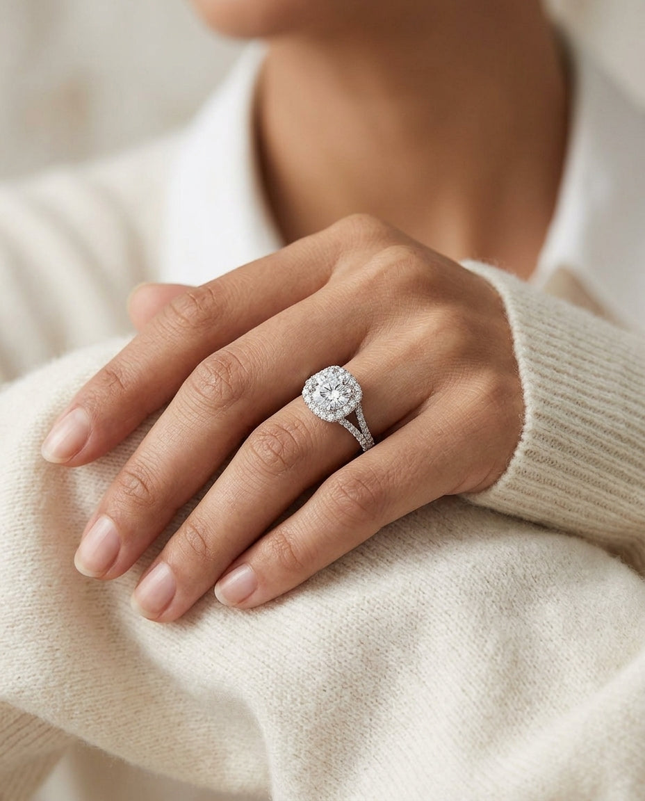 1 1/2ctw Round Diamond Square Halo Engagement With Pave Split Shank In 14k White Gold, Igi-certified — editorial close-up