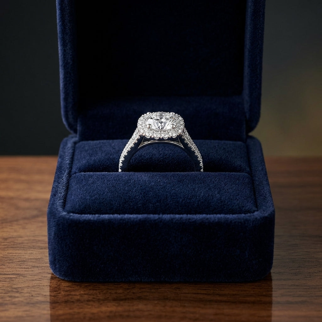 1 1/2ctw Round Diamond Square Halo Engagement With Pave Split Shank In 14k White Gold, Igi-certified — gift presentation