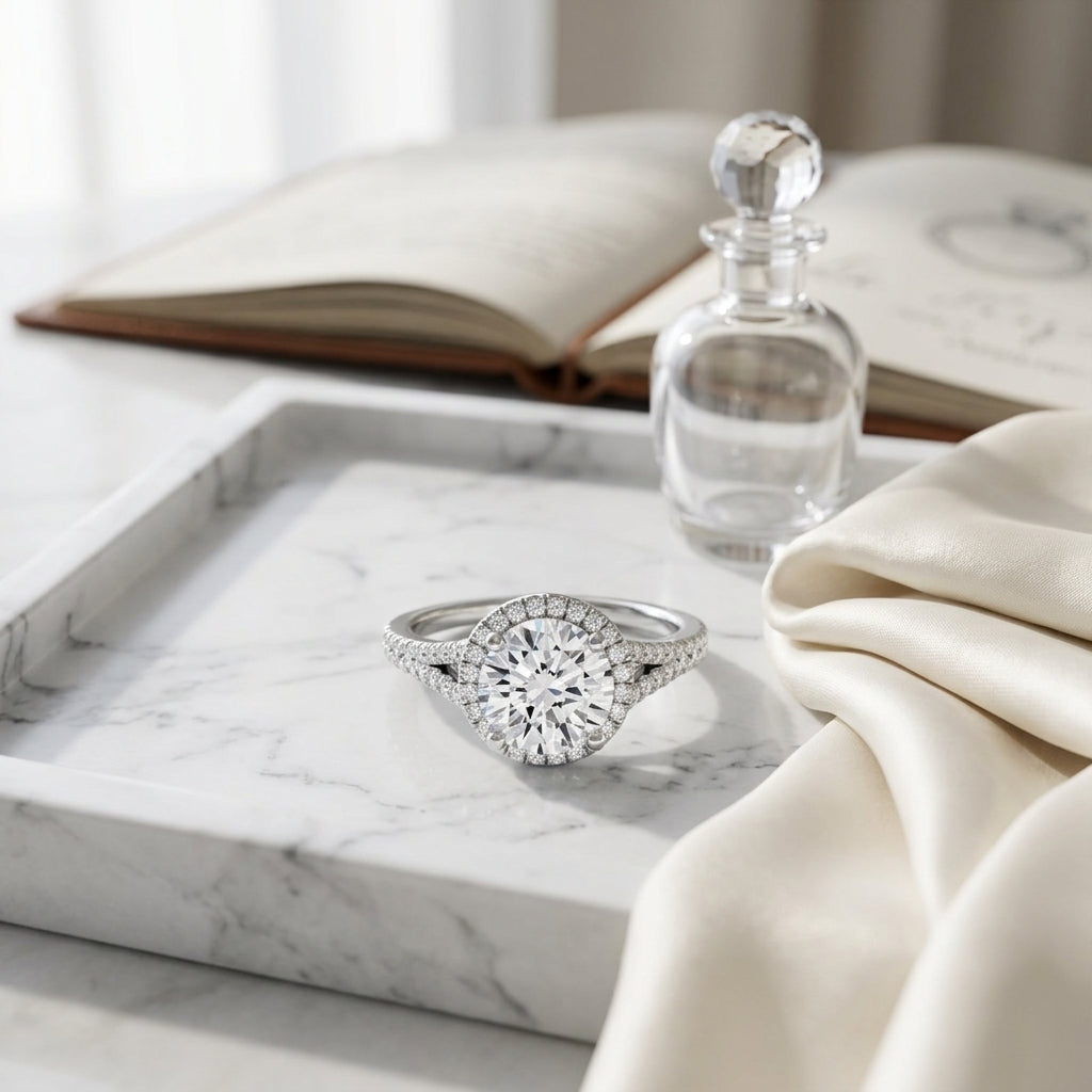 1 1/4ctw Round Diamond Halo Engagement Ring With Scroll Gallery In 14k White Gold, Igi-certified — atelier still life