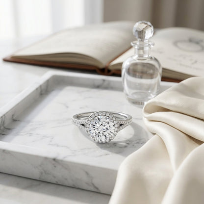 1 1/4ctw Round Diamond Halo Engagement Ring With Scroll Gallery In 14k White Gold, Igi-certified — atelier still life