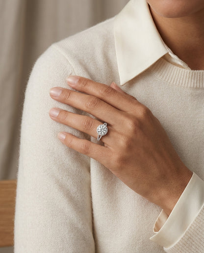 1 1/4ctw Round Diamond Halo Engagement Ring With Scroll Gallery In 14k White Gold, Igi-certified — editorial close-up