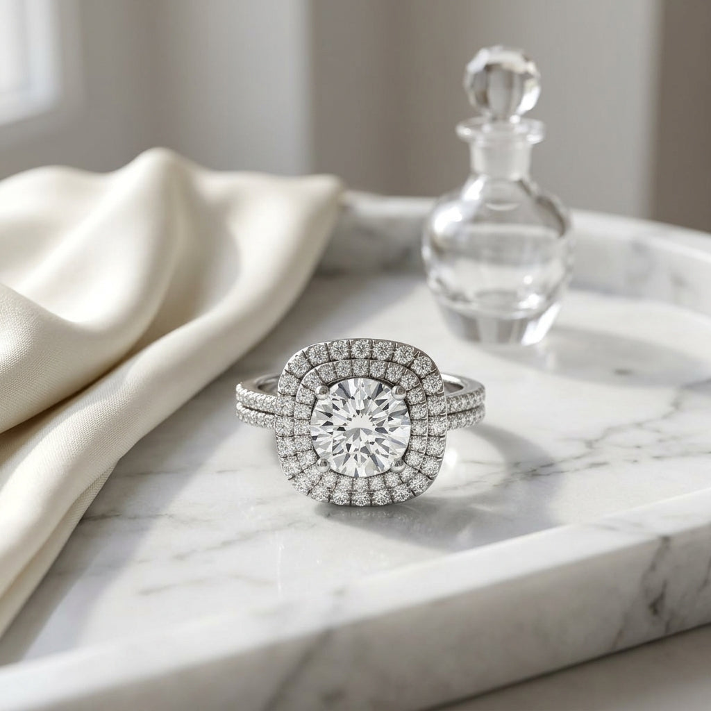 1 3/8ctw Round Diamond Double Entourage Engagement Ring With 2 Row Shank In 14k White Gold, Igi-certified — atelier still life