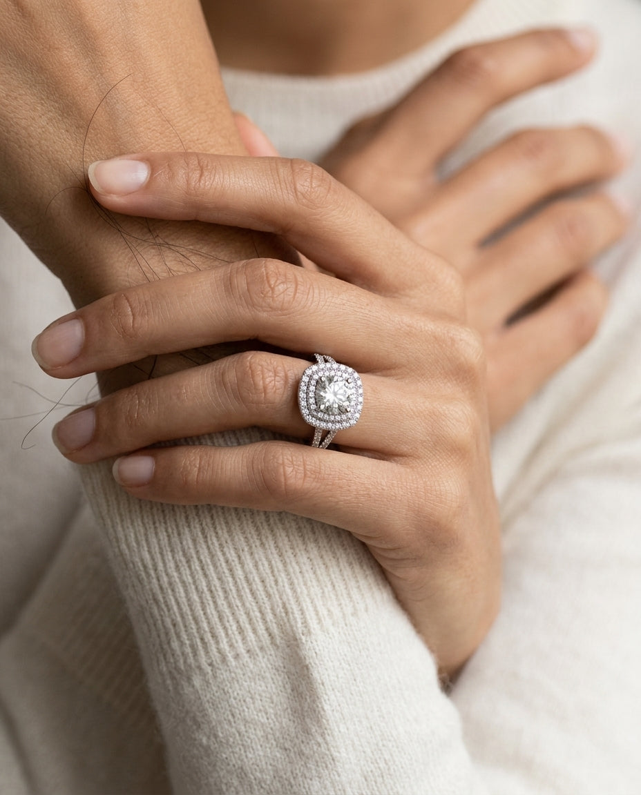 1 3/8ctw Round Diamond Double Entourage Engagement Ring With 2 Row Shank In 14k White Gold, Igi-certified — editorial close-up