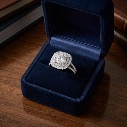 1 3/8ctw Round Diamond Double Entourage Engagement Ring With 2 Row Shank In 14k White Gold, Igi-certified — gift presentation