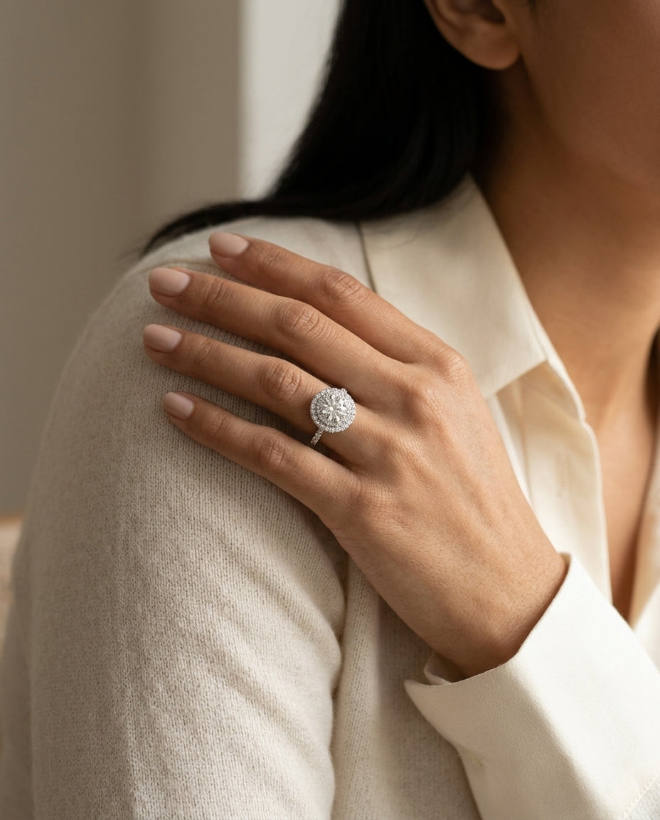 1 3/4ctw Round Diamond Double Entourage Engagement Ring In 14k White Gold, Igi-certified — editorial close-up