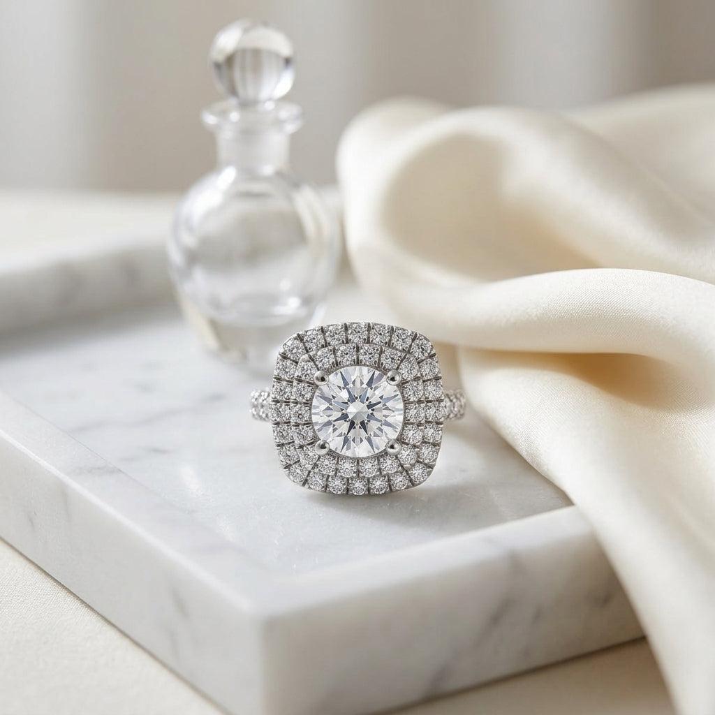3 1/6ctw Round Diamond, Double Square Halo Engagement Ring With Pave Shank In 14k White Gold, Igi-certified — atelier still life