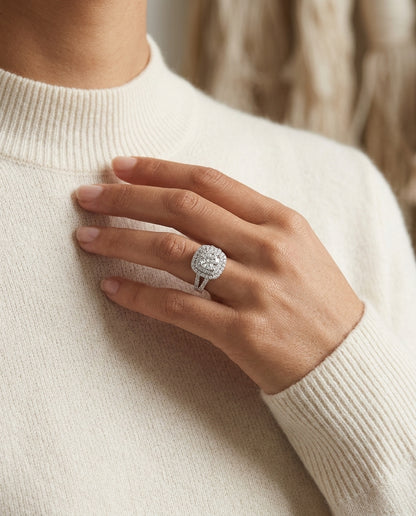 3 1/6ctw Round Diamond, Double Square Halo Engagement Ring With Pave Shank In 14k White Gold, Igi-certified — editorial close-up
