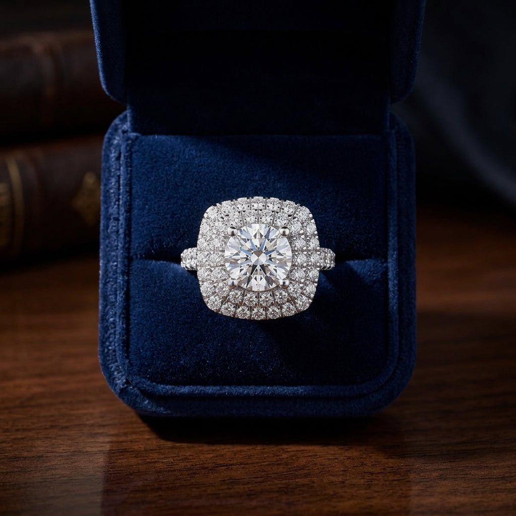 3 1/6ctw Round Diamond, Double Square Halo Engagement Ring With Pave Shank In 14k White Gold, Igi-certified — gift presentation