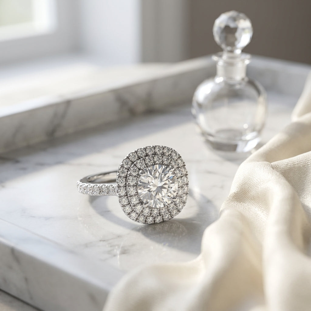 1 9/10ctw Round Diamond Double Entourage Engagement Ring With Pave Shank In 14k White Gold, Igi-certified — atelier still life