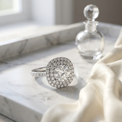 1 9/10ctw Round Diamond Double Entourage Engagement Ring With Pave Shank In 14k White Gold, Igi-certified — atelier still life
