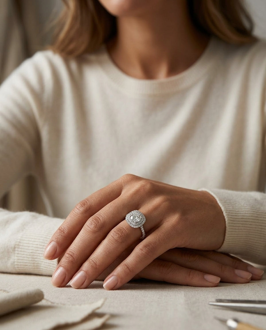 1 9/10ctw Round Diamond Double Entourage Engagement Ring With Pave Shank In 14k White Gold, Igi-certified — editorial close-up