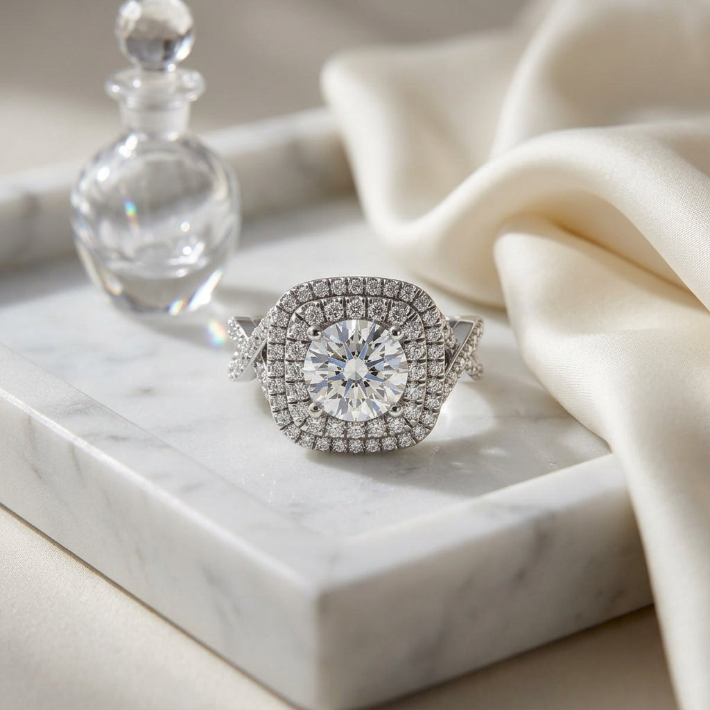 1 5/8ctw Round Double Square Halo Infinity Shank Ring In 14k White Gold, Igi-certified — atelier still life