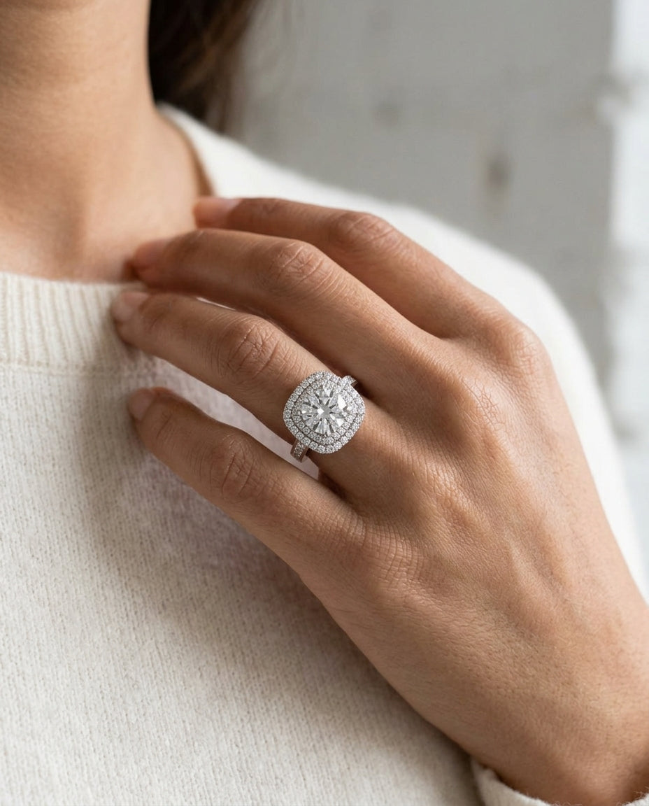 1 2/3ctw Round Diamond Double Square Halo Engagement Ring With Channel Set  Shank In 14k White Gold, Igi-certified — editorial close-up