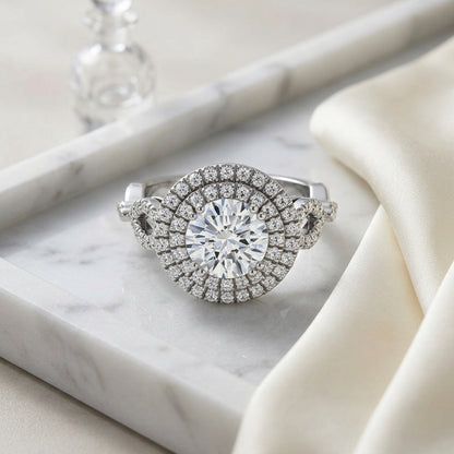 1 1/2ctw Round Diamond Double Halo Engagement Ring With Tear Drop Detail Shank In 14k White Gold, Igi-certified — atelier still life