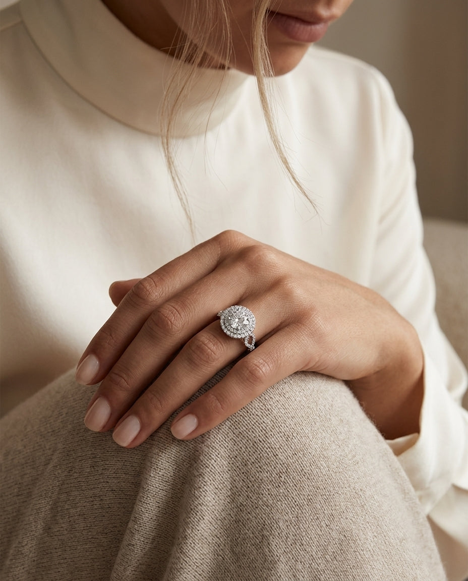 1 1/2ctw Round Diamond Double Halo Engagement Ring With Tear Drop Detail Shank In 14k White Gold, Igi-certified — editorial close-up