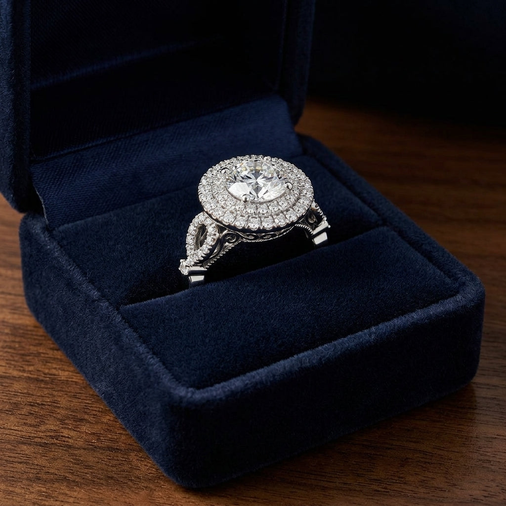 1 1/2ctw Round Diamond Double Halo Engagement Ring With Tear Drop Detail Shank In 14k White Gold, Igi-certified — gift presentation