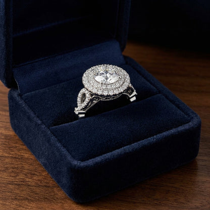 1 1/2ctw Round Diamond Double Halo Engagement Ring With Tear Drop Detail Shank In 14k White Gold, Igi-certified — gift presentation