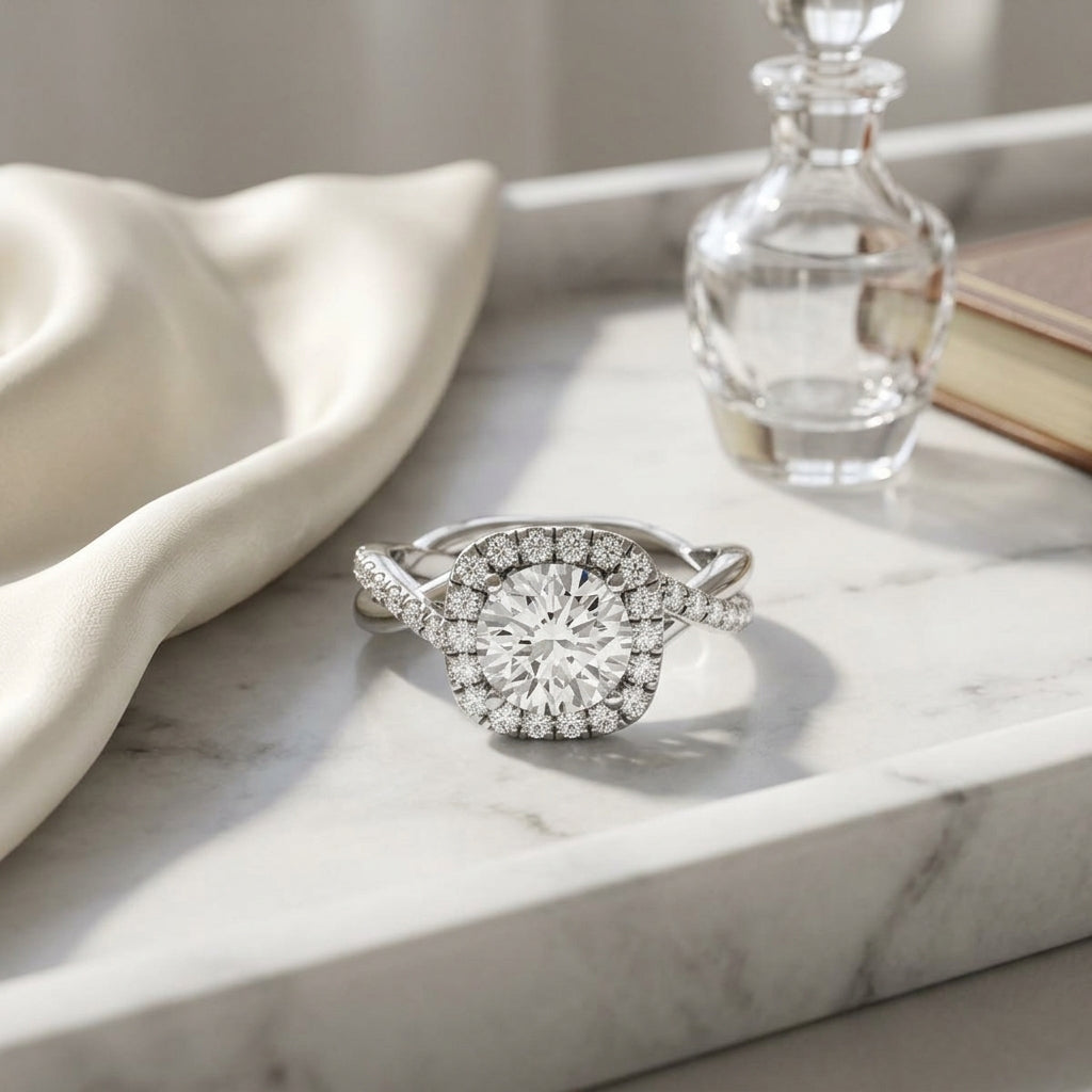 1 3/8ctw Round Diamond Halo Engagement Ring With Twist Shank In 14k White Gold, Igi-certified — atelier still life