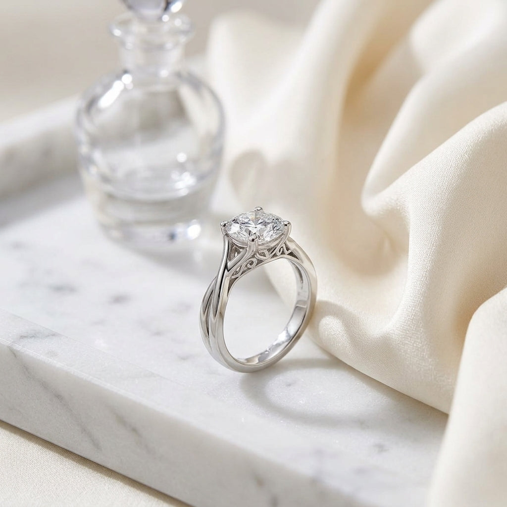 1ct Round Diamond Solitaire Engagement Ring With Trellis Basket In 14k White Gold, Igi-certified — atelier still life