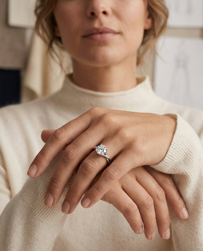 1ct Round Diamond Solitaire Engagement Ring With Trellis Basket In 14k White Gold, Igi-certified — editorial close-up