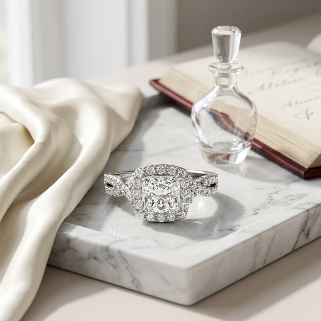 1 3/8ctw Round Diamond Square Halo Engagement Ring With Twisted Pave Shank In 14k White Gold, Igi-certified — atelier still life