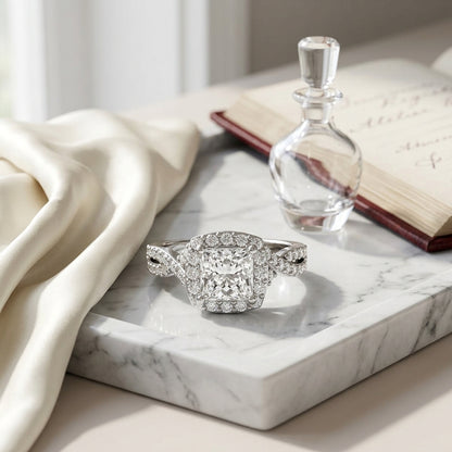 1 3/8ctw Round Diamond Square Halo Engagement Ring With Twisted Pave Shank In 14k White Gold, Igi-certified — atelier still life