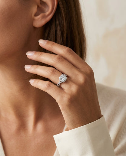 1 3/8ctw Round Diamond Square Halo Engagement Ring With Twisted Pave Shank In 14k White Gold, Igi-certified — editorial close-up