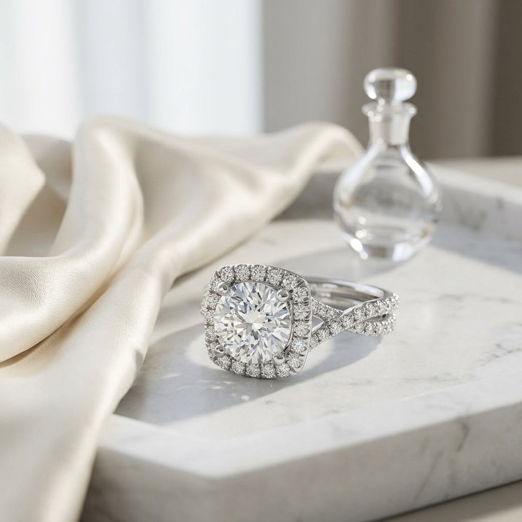 1 3/8ctw Round Diamond Square Halo Engagement Ring With Twisted Pave Shank In 14k White Gold, Igi-certified — atelier still life