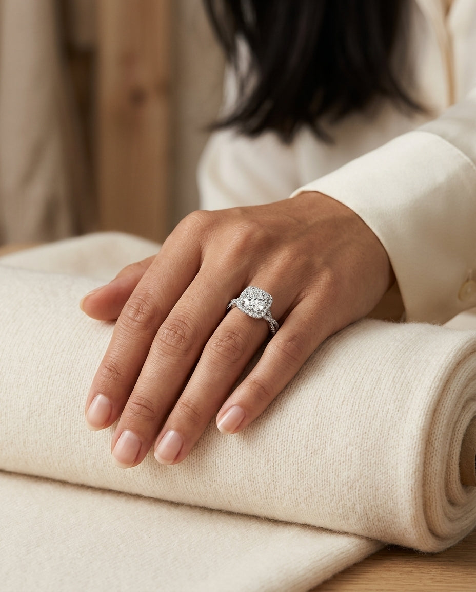 1 3/8ctw Round Diamond Square Halo Engagement Ring With Twisted Pave Shank In 14k White Gold, Igi-certified — editorial close-up