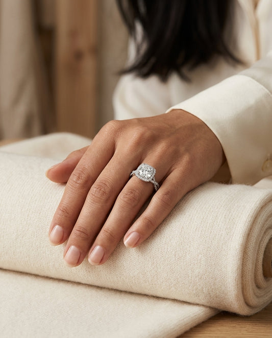 1 3/8ctw Round Diamond Square Halo Engagement Ring With Twisted Pave Shank In 14k White Gold, Igi-certified — editorial close-up