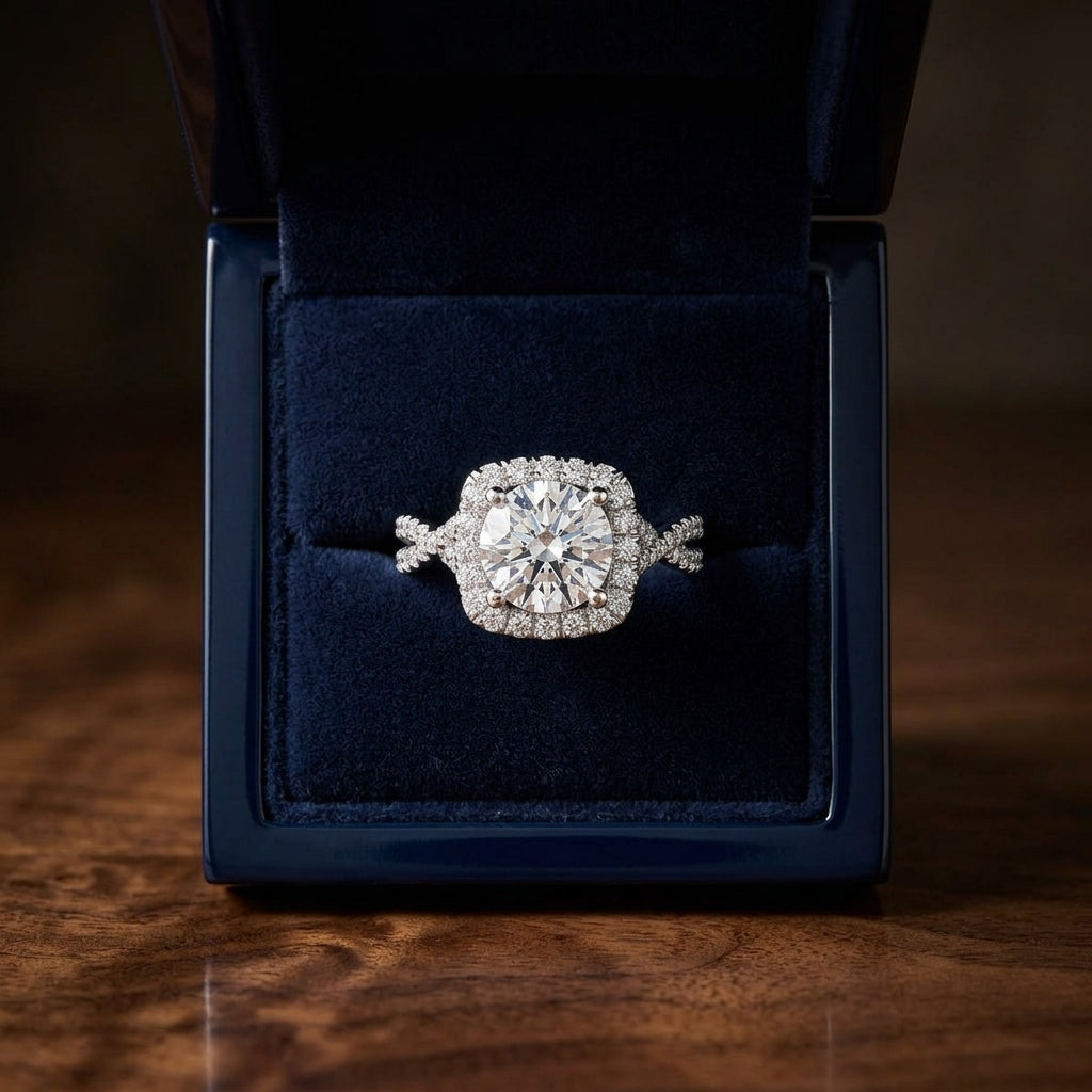 1 3/8ctw Round Diamond Square Halo Engagement Ring With Twisted Pave Shank In 14k White Gold, Igi-certified — gift presentation