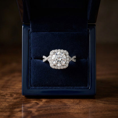 1 3/8ctw Round Diamond Square Halo Engagement Ring With Twisted Pave Shank In 14k White Gold, Igi-certified — gift presentation