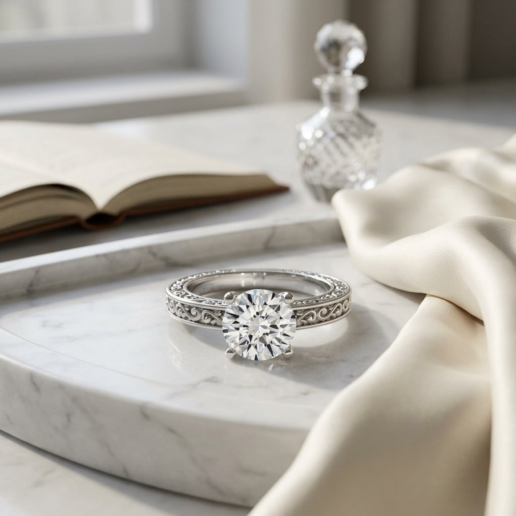 1ct Round Diamond Solitaire Engagement Ring With Scroll Detail Shank In 14k White Gold, Igi-certified — atelier still life