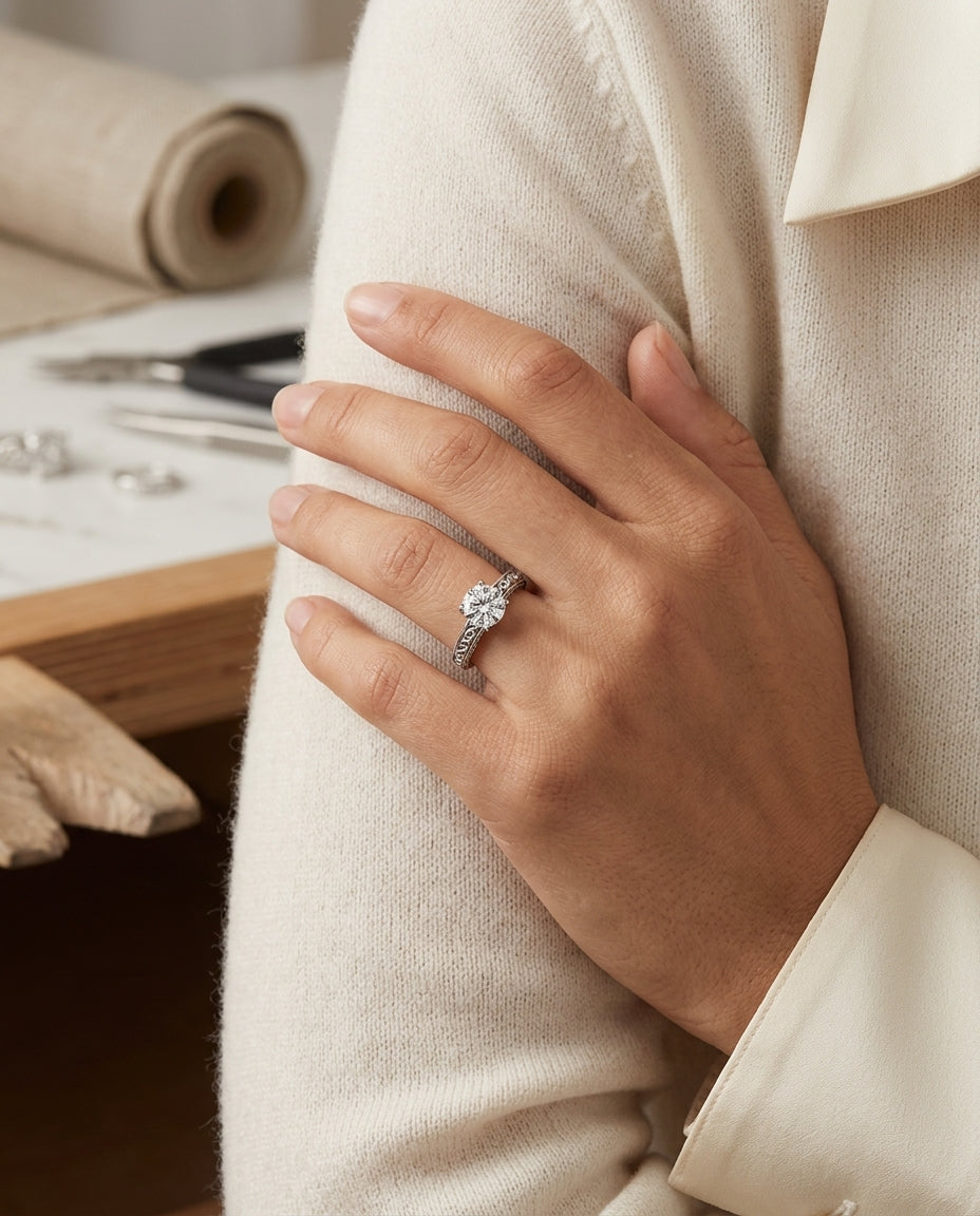 1ct Round Diamond Solitaire Engagement Ring With Scroll Detail Shank In 14k White Gold, Igi-certified — editorial close-up