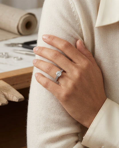 1ct Round Diamond Solitaire Engagement Ring With Scroll Detail Shank In 14k White Gold, Igi-certified — editorial close-up