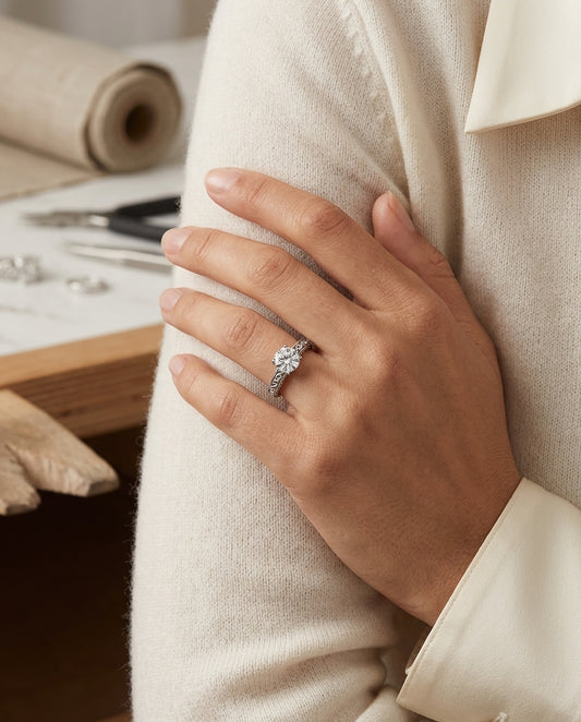 1ct Round Diamond Solitaire Engagement Ring With Scroll Detail Shank In 14k White Gold, Igi-certified — editorial close-up