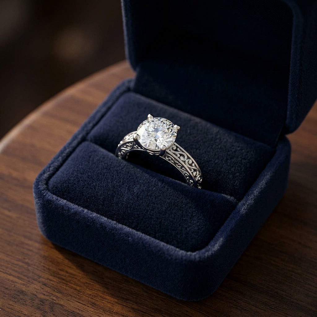 1ct Round Diamond Solitaire Engagement Ring With Scroll Detail Shank In 14k White Gold, Igi-certified — gift presentation