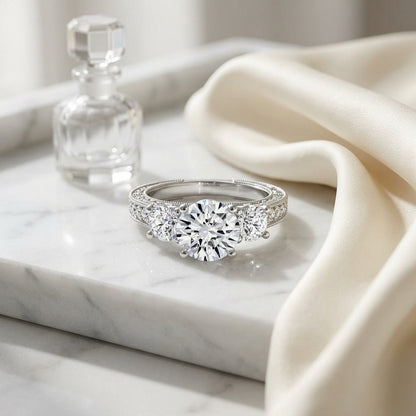 1 7/8ctw Round 3 Stone Engagement Ring With Diamond Pave Shank In 14k White Gold, Igi-certified — atelier still life