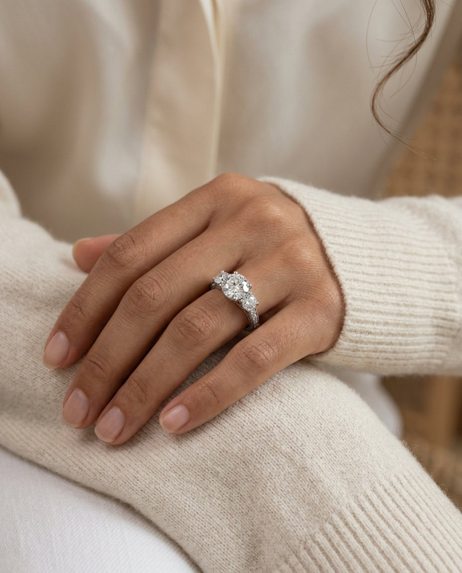 1 7/8ctw Round 3 Stone Engagement Ring With Diamond Pave Shank In 14k White Gold, Igi-certified — editorial close-up