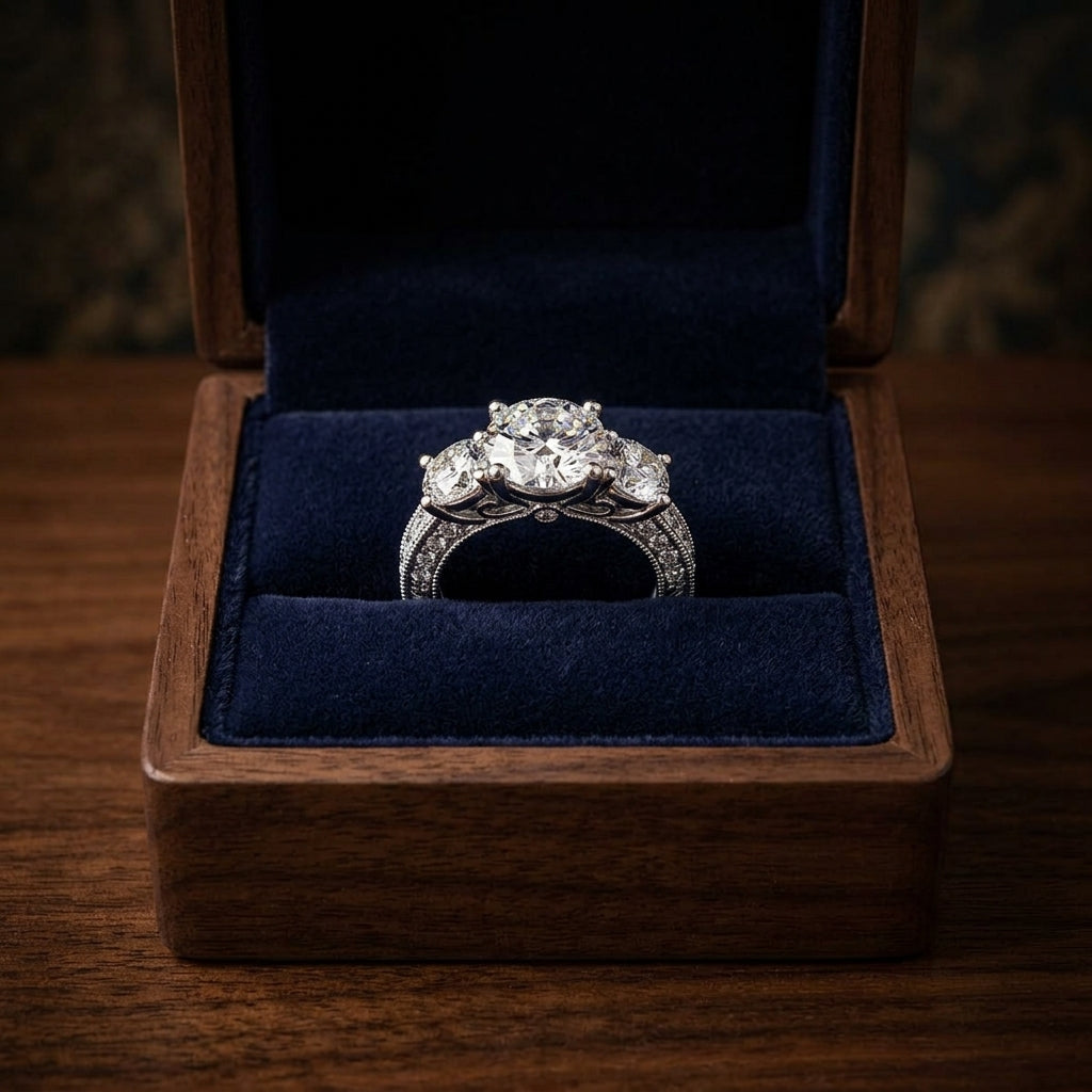 1 7/8ctw Round 3 Stone Engagement Ring With Diamond Pave Shank In 14k White Gold, Igi-certified — gift presentation